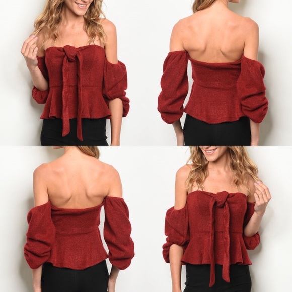 NWT Wine Puff Sleeve Off Shoulder Sweater Top - Picture 2 of 4